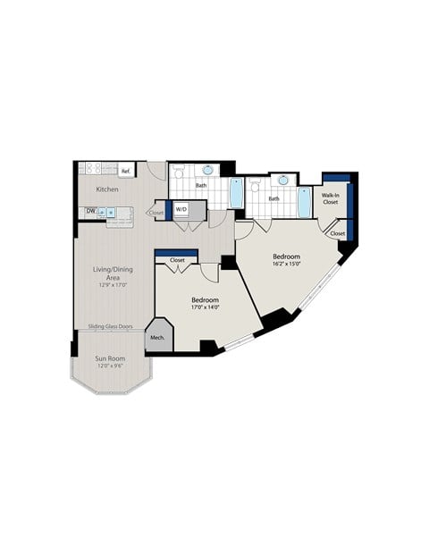 Floor plan for 2 beds, 2 baths, 1240 sqft