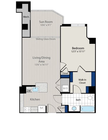 Floor plan for 1 bed, 1 bath, 773 sqft