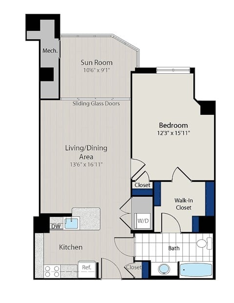 Floor plan for 1 bed, 1 bath, 876 sqft