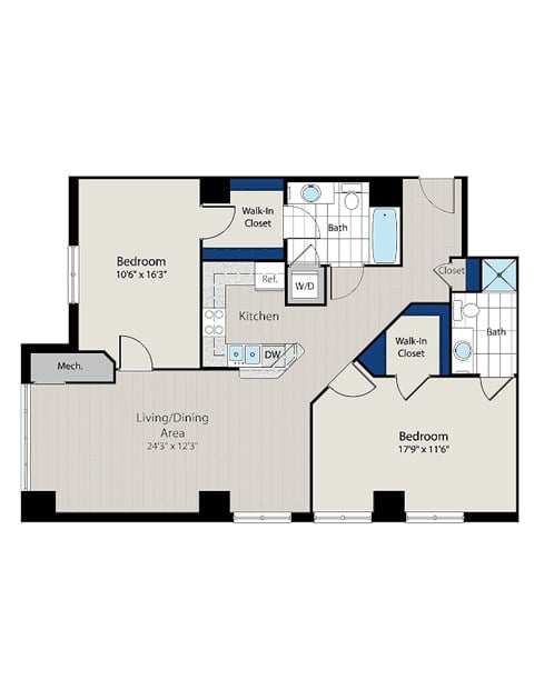 Floor plan for 2 beds, 2 baths, 1254 sqft