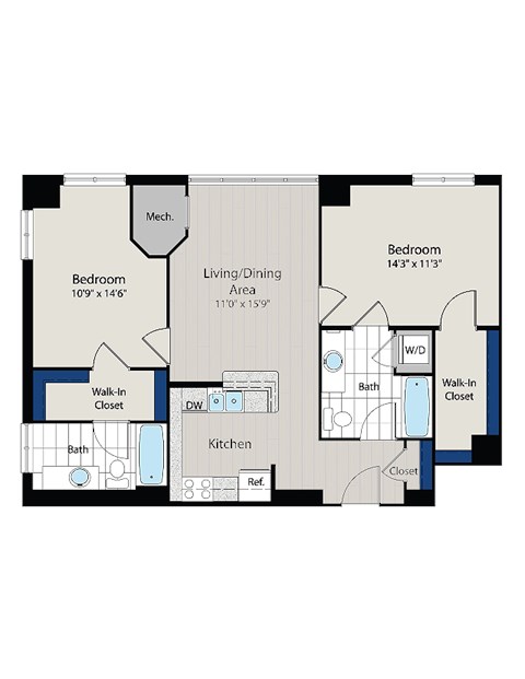 Floor plan for 2 beds, 2 baths, 995 sqft
