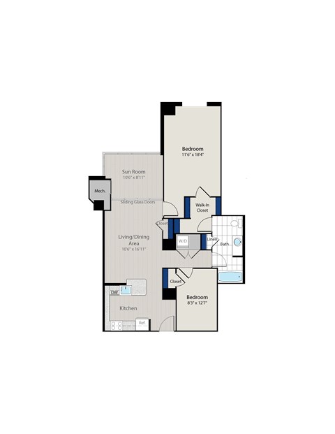 Floor plan for 1 bed, 1 bath, 1071 sqft