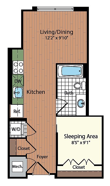 Floor plan for studio, 1 bath, 482 sqft