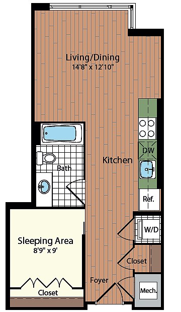 Floor plan for studio, 1 bath, 500 sqft