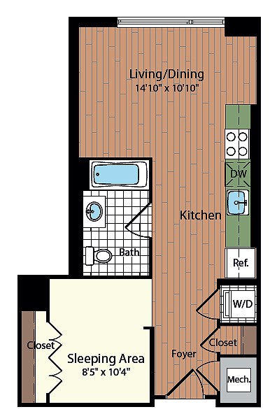 Floor plan for studio, 1 bath, 519 sqft