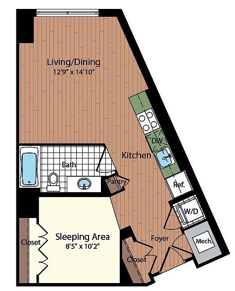 Floor plan for studio, 1 bath, 563 sqft