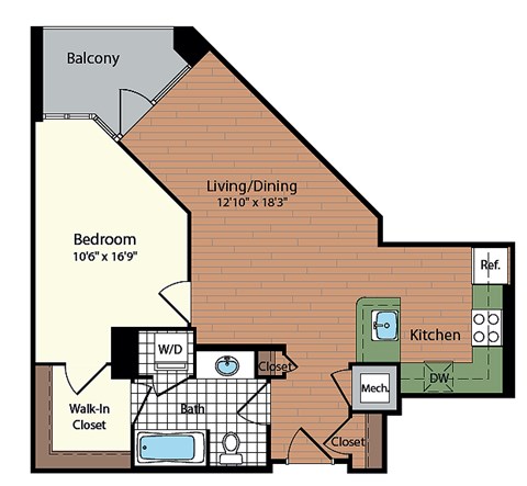 Floor plan for 1 bed, 1 bath, 664 sqft