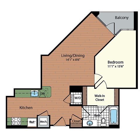 Floor plan for 1 bed, 1 bath, 664 sqft