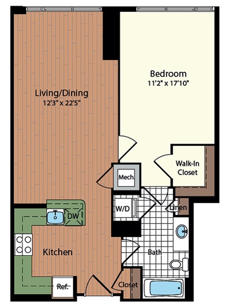 Floor plan for 1 bed, 1 bath, 707 sqft