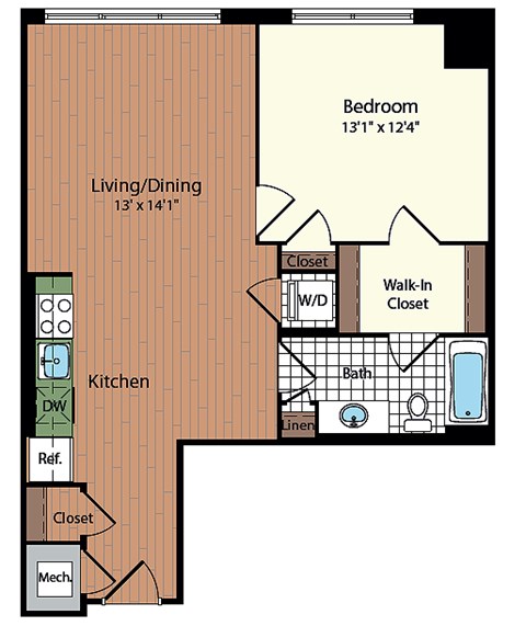 Floor plan for 1 bed, 1 bath, 709 sqft