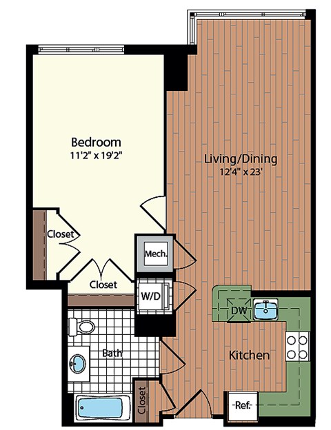 Floor plan for 1 bed, 1 bath, 742 sqft