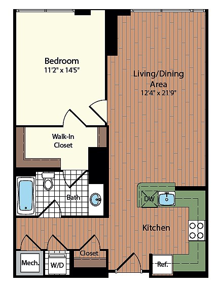 Floor plan for 1 bed, 1 bath, 765 sqft
