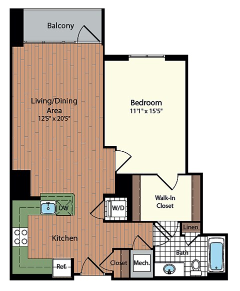 Floor plan for 1 bed, 1 bath, 765 sqft