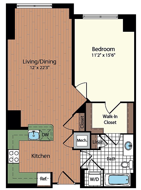 Floor plan for 1 bed, 1 bath, 767 sqft