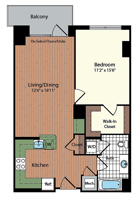 Floor plan for 1 bed, 1 bath, 769 sqft