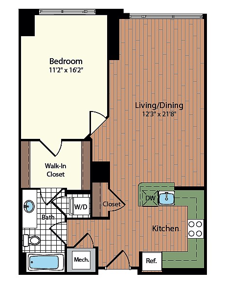 Floor plan for 1 bed, 1 bath, 775 sqft