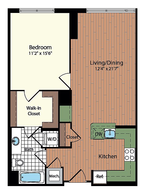 Floor plan for 1 bed, 1 bath, 776 sqft