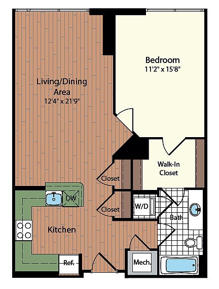 Floor plan for 1 bed, 1 bath, 776 sqft