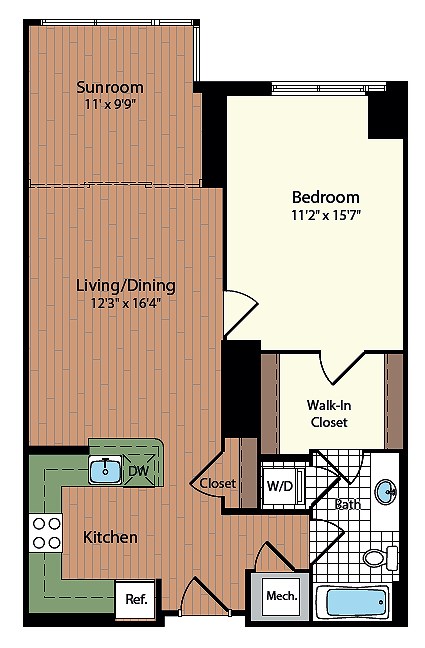 Floor plan for 1 bed, 1 bath, 815 sqft