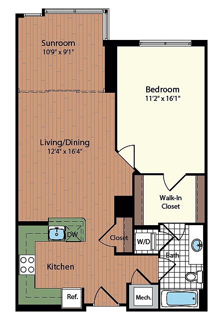Floor plan for 1 bed, 1 bath, 839 sqft