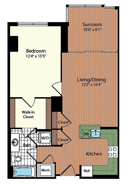 Floor plan for 1 bed, 1 bath, 839 sqft