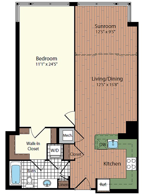 Floor plan for 1 bed, 1 bath, 894 sqft