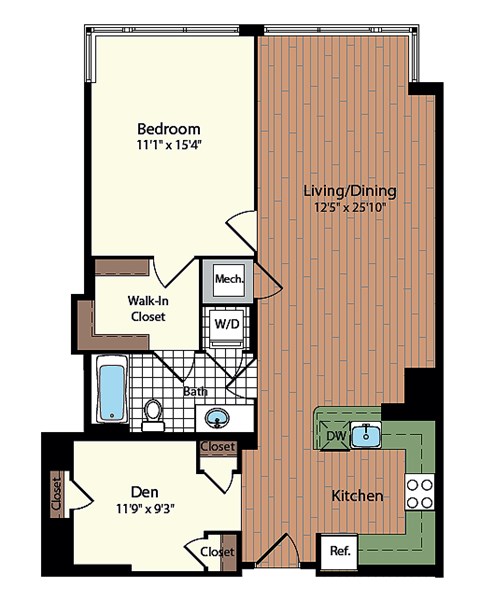 Floor plan for 1 bed, 1 bath, 891 sqft