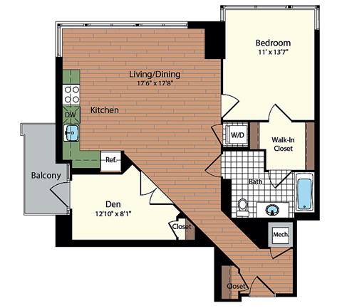 Floor plan for 1 bed, 1 bath, 900 sqft