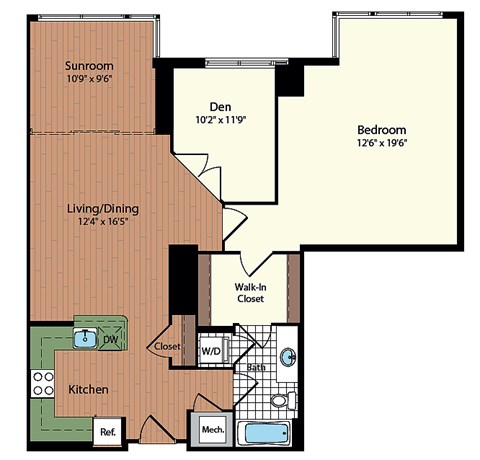 Floor plan for 1 bed, 1 bath, 1105 sqft