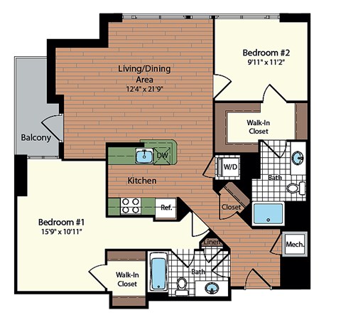 Floor plan for 2 beds, 2 baths, 1048 sqft