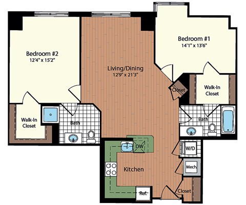 Floor plan for 2 beds, 2 baths, 1067 sqft
