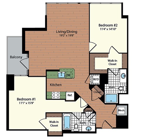 Floor plan for 2 beds, 2 baths, 1148 sqft