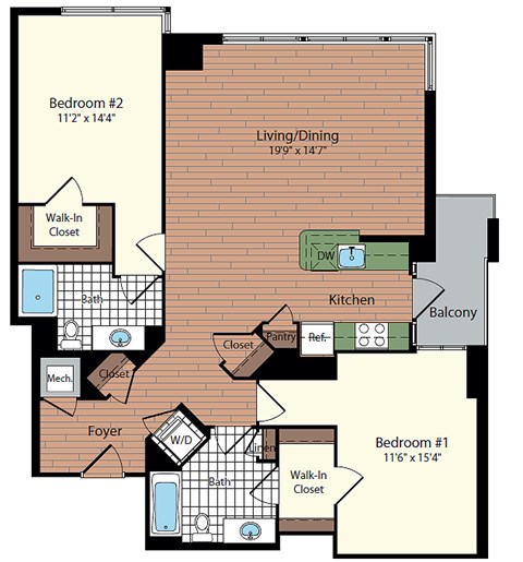 Floor plan for 2 beds, 2 baths, 1204 sqft