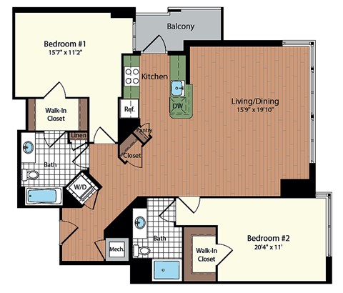 Floor plan for 2 beds, 2 baths, 1193 sqft