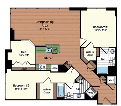 Floor plan for 2 beds, 2 baths, 1211 sqft