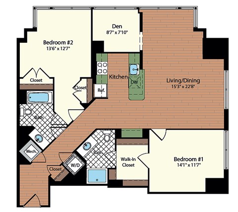 Floor plan for 2 beds, 2 baths, 1213 sqft