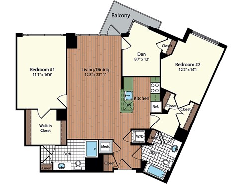 Floor plan for 2 beds, 2 baths, 1237 sqft