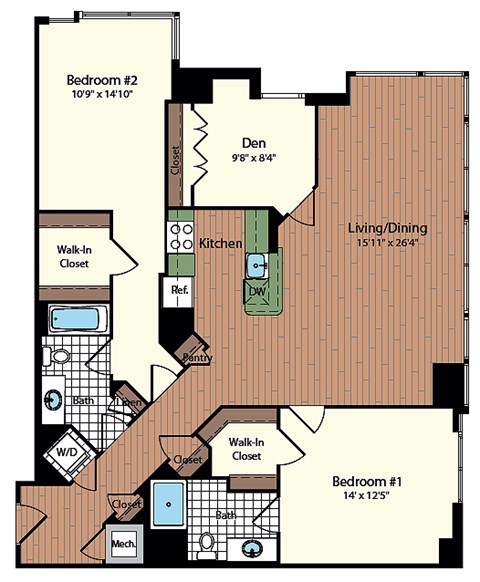 Floor plan for 2 beds, 2 baths, 1345 sqft