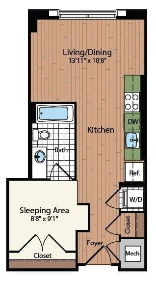 Floor plan for studio, 1 bath, 512 sqft