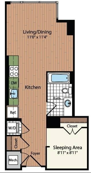 Floor plan for studio, 1 bath, 557 sqft