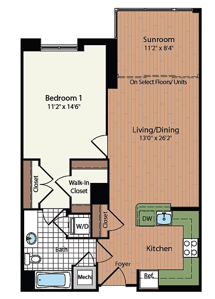 Floor plan for 1 bed, 1 bath, 825 sqft