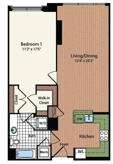 Floor plan for 1 bed, 1 bath, 844 sqft