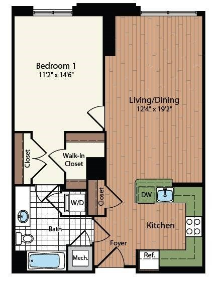 Floor plan for 1 bed, 1 bath, 777 sqft