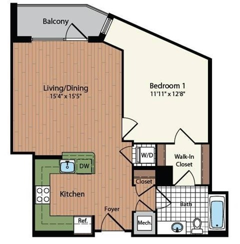 Floor plan for 1 bed, 1 bath, 737 sqft