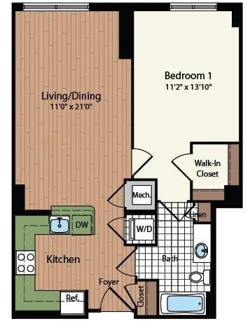 Floor plan for 1 bed, 1 bath, 740 sqft