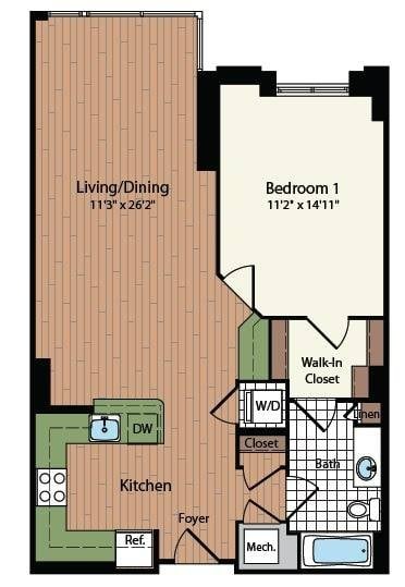 Floor plan for 1 bed, 1 bath, 827 sqft