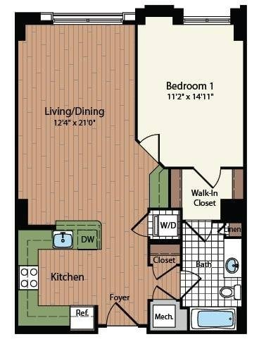 Floor plan for 1 bed, 1 bath, 770 sqft