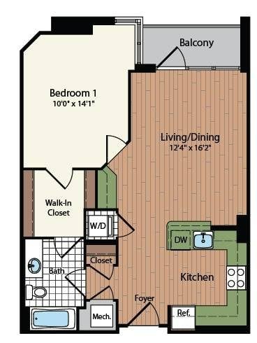 Floor plan for 1 bed, 1 bath, 704 sqft