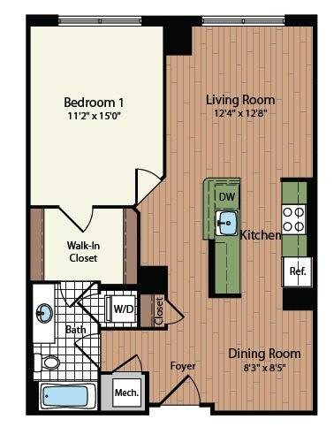 Floor plan for 1 bed, 1 bath, 766 sqft