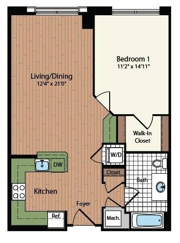 Floor plan for 1 bed, 1 bath, 766 sqft